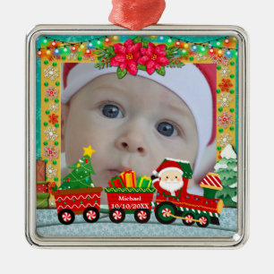 Ornement Carré Argenté Premier Noël de bébé - Souvenir photo personnalisé