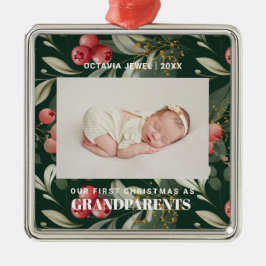 Ornement Carré Argenté Premier Noël en grand-parents Fleurs Berries