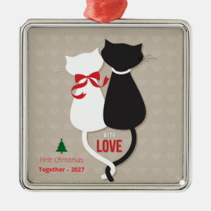 Ornement Carré Argenté Premier Noël Ensemble - Mignons Cat Couple Holiday
