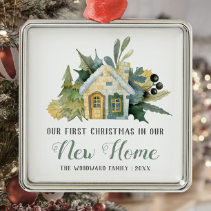 Ornement Carré Argenté Premier Noël Nouvelle Maison Aquarelle Maison Vert