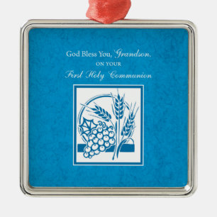 Ornement Carré Argenté Première communion du petit-fils Bleu, Blé, Raisin