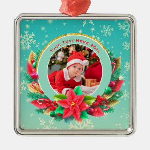 Ornement Carré Argenté Première Noël de bébé - Cadeau photo personnalisé