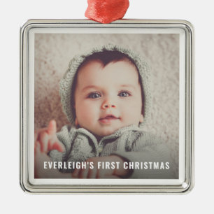 Ornement Carré Argenté Première photo de Noël du bébé