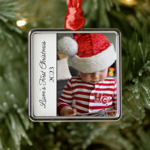 Ornement Carré Argenté Première photo de Noël du bébé 2023