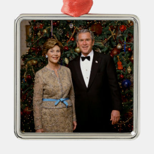 Ornement Carré Argenté Président George Bush, Laura Christmas Maison Blan