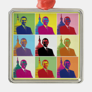 Ornement Carré Argenté Président Obama Pop Art