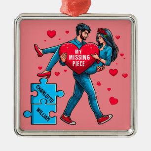 Ornement Carré Argenté Puzzle d'amour personnalisé - Mon morceau manquant