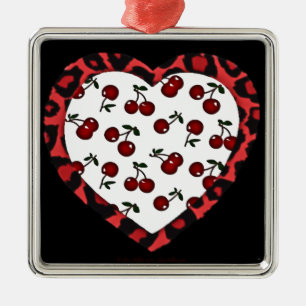 Ornement Carré Argenté RAB Rockabilly Cherries Coeur Empreinte de léopard