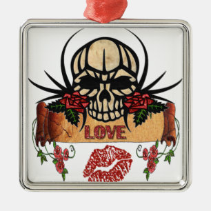 Ornement Carré Argenté RAB Rockabilly Crâne Roses Love Lipstick