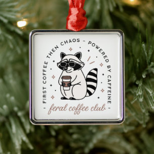 Ornement Carré Argenté Raccoon boire du café drôle kitsch esthétique