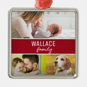 Ornement Carré Argenté Red Custom Family photo collage Noël