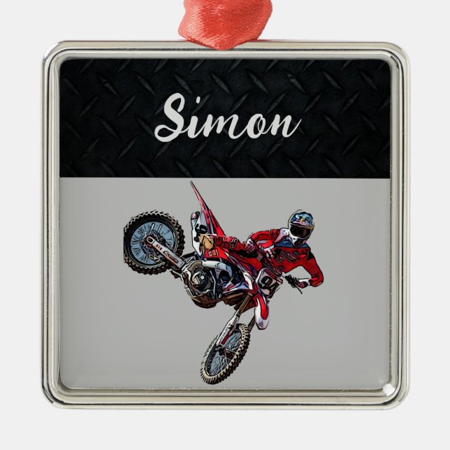 Ornement Carré Argenté Red Dirt Bike Sports Boy Christmas Boy (Devant)