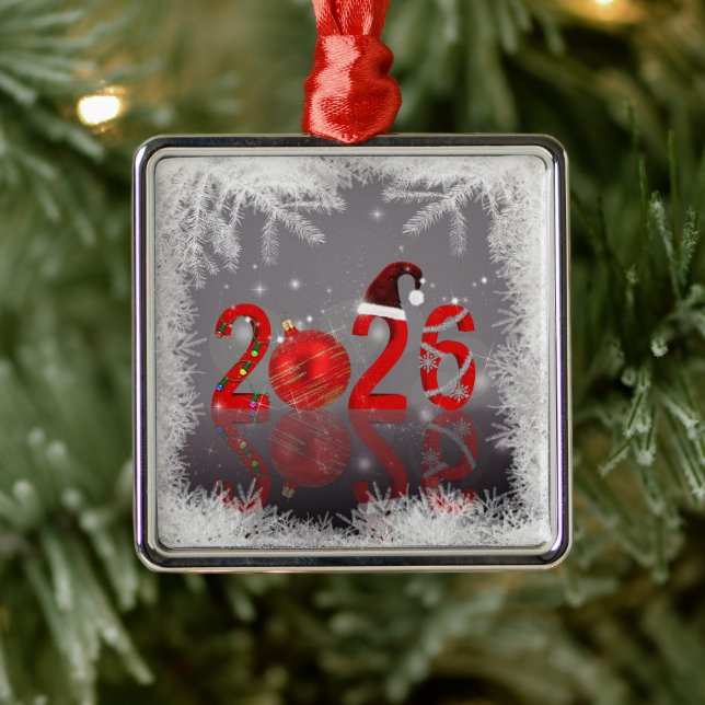 Ornement Carré Argenté Red Festive Merry Christmas New Year 2026 (Arbre)