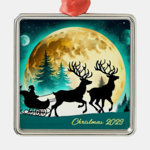 Ornement Carré Argenté Reindeer et Sleigh pleine lune