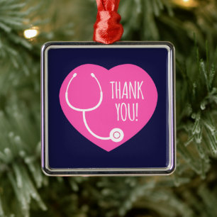 Ornement Carré Argenté Remerciements Stéthoscope à coeur rose