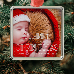 Ornement Carré Argenté Retro art déco Joyeux Noël bébé photo