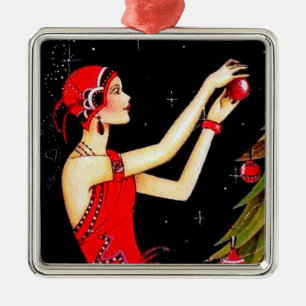 Ornement Carré Argenté rétro dame vintage de Noël d'art déco