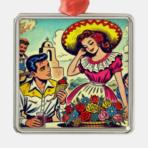 Ornement Carré Argenté Retro Love Couple Comic