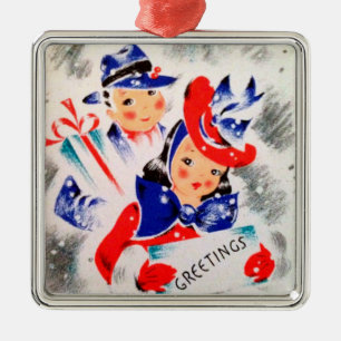 Ornement Carré Argenté Rétros couples d'achats de Noël des années 1940