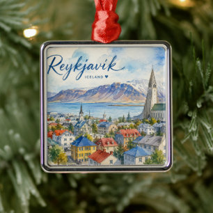 Ornement Carré Argenté Reykjavik Islande souvenir aquarelle