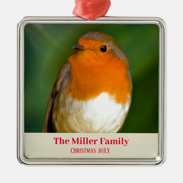 Ornement Carré Argenté Robin Red Breast personnalisable (Devant)