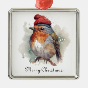 Ornement Carré Argenté Robin rouge de Noël, personnalisable