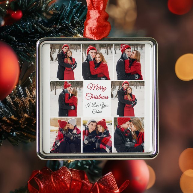 Ornement Carré Argenté Romantic Couple Photo Collage Joyeux Noël (Créateur téléchargé)