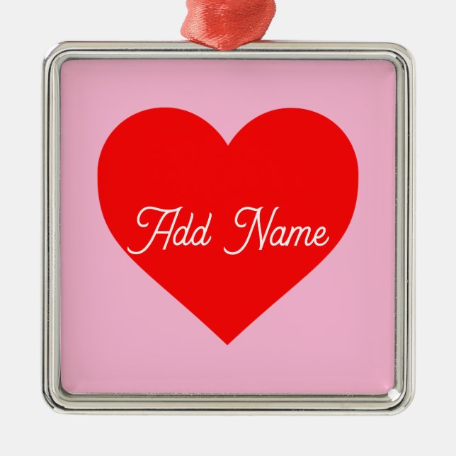 Ornement Carré Argenté Romantique Coeur Rouge Pastel Rose Personnalisé (Devant)