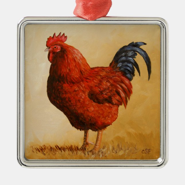 Ornement Carré Argenté Rooster chicken de Rhode Island (Devant)