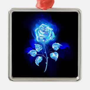 Ornement Carré Argenté Rose bleu brûlant