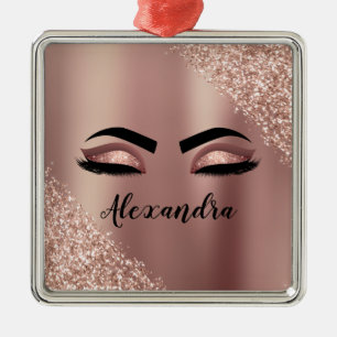 Ornement Carré Argenté Rose Gold Blush Pink Monogram Glitter Eyelashes