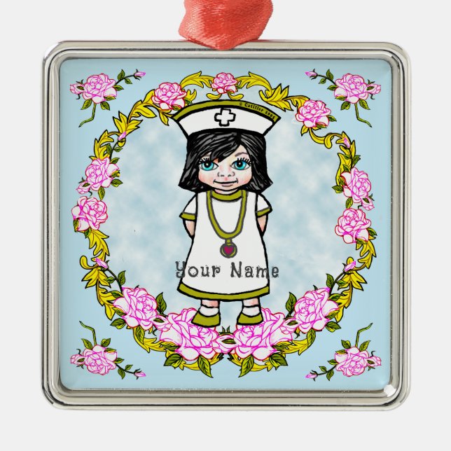 Ornement Carré Argenté Roses Girl Nurse Ceramic Ornament (Devant)