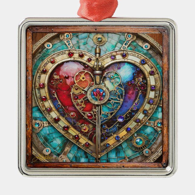 Ornement Carré Argenté Rouge & Bleu Vitrail Heart Steampunk Series (Devant)