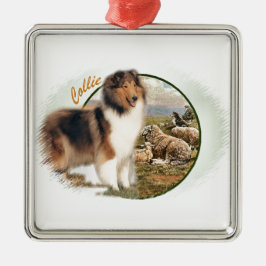 Ornement Carré Argenté Rough Collie Keeper of the Sheep