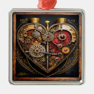 Ornement Carré Argenté Rubis et engrenages Steampunk Cœur sombre