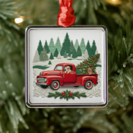 Ornement Carré Argenté Rustic Red Pickup Truck Christmas Tree 