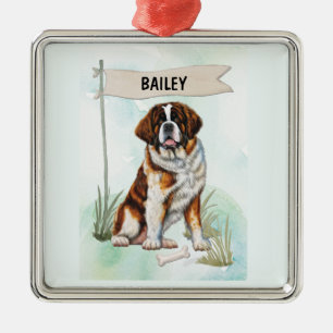 Ornement Carré Argenté Saint Bernard Aquarelle Chien Personnalisé