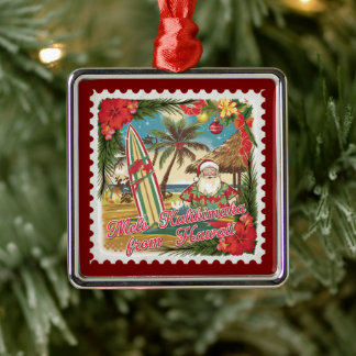 Ornement Carré Argenté Salutations de Noël de Hawaii Holiday