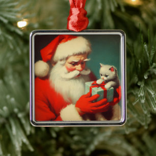 Ornement Carré Argenté Santa Claus vintage avec Kitten Retro Cute