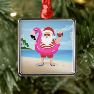Ornement Carré Argenté Santa Claus with flamingo