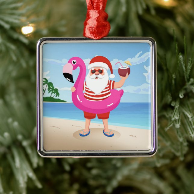 Ornement Carré Argenté Santa Claus with flamingo (Arbre)