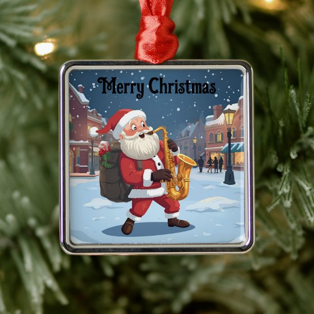 Ornement Carré Argenté Santa playing a saxophone Christmas Ornament (Arbre)