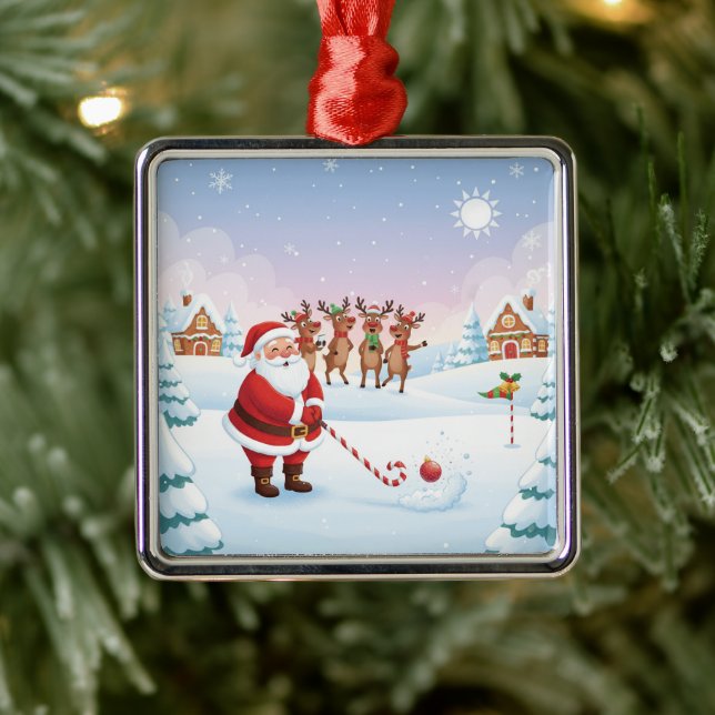 Ornement Carré Argenté Santa's North Pole Holiday Golfing Fun  (Arbre)