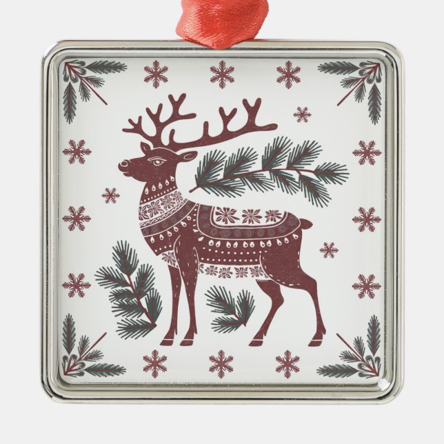 Ornement Carré Argenté Scandinavian Reindeer Christmas Ornament (Devant)