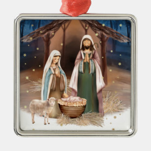 Ornement Carré Argenté Scène de Nativité Noël personnalisé