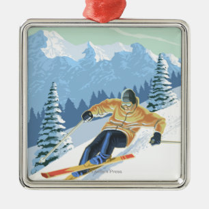 Ornement Carré Argenté Scène de skieur de VermontDownhill