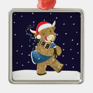 Ornement Carré Argenté Scottish Highland Cow Christmas Piper