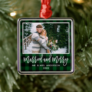 Ornement Carré Argenté Script de Bronze moderne Vert Plaid Marié et Joyeu