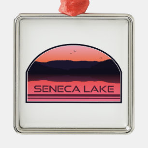 Ornement Carré Argenté Seneca Lake New York Red Sunrise