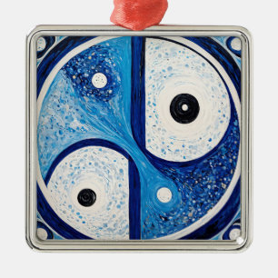 Ornement Carré Argenté Sérénité géométrique : Bleu & Blanc Yin Yang